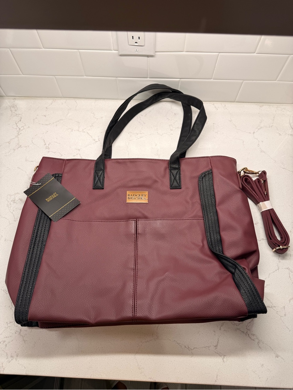 Badgley Mischka Burgundy Tote with Black Handles